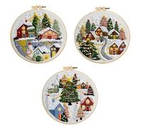 BOSTEU Set of 3 Christmas Embroidery Kit for Adults, Winter Village Embroidery Kit Cross Stitch Christmas Kits for Beginners