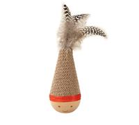 BOSTEU Wooden Interactive Cat Tumbler Wobbler Toy, Scratchable Woven Surface with Natural Feather Teaser Wand, Anti-Tip Indoor Cat Entertainment Toy (B)