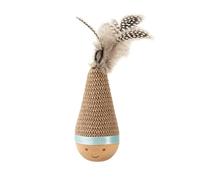 BOSTEU Wooden Interactive Cat Tumbler Wobbler Toy, Scratchable Woven Surface with Natural Feather Teaser Wand, Anti-Tip Indoor Cat Entertainment Toy (C)