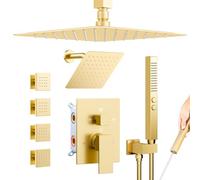 Bostingner Shower Faucet Set Brushed Gold 4 Modes Shower Faucet with 2 in 1 Handheld Shower Head Ceiling Mount 12" Shower Head with 6" Shower Head, 4 Body Jets with Dual Head Shower Set