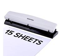 Bostitch 3-Hole Punch, 15 Sheet Capacity, Heavy Duty All-Metal Paper Punch, Non-Slip Base, Easy-Empty Chip Tray, 9/32" Holes, Fits Standard 3 Ring Binders, Office, School & Home, White