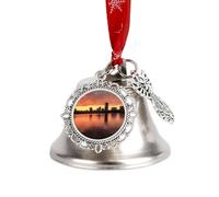 Boston Charles River City Skyline Sunset Christmas Bell Ornament Shiny Silver Christmas Tree Ornament with Angel Wing And Heart Charms Christmas Tree Bell Pendant with Ribbon for Indoor Outdoor Home D