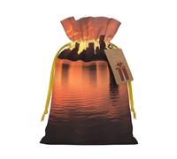 Boston Charles River City Skyline Sunset Christmas Gift Bags with Tags & Ribbon Ties, Xmas Drawstring Candy Treat Bag Christmas Gifts Sacks Reusable Gift Wrapping Bags for Holiday Party Favors Medium