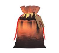 Boston Charles River City Skyline Sunset Christmas Gift Bags with Tags & Ribbon Ties, Xmas Drawstring Candy Treat Bag Christmas Gifts Sacks Reusable Gift Wrapping Bags for Holiday Party Favors Small