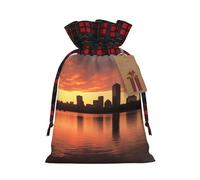 Boston Charles River City Skyline Sunset Christmas Gift Bags with Tags & Ribbon Ties, Xmas Drawstring Candy Treat Bag Buffalo Plaid Christmas Gifts Sacks Reusable Gift Wrapping Bags for Holiday Party