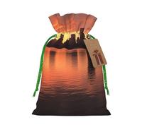 Boston Charles River City Skyline Sunset Christmas Gift Bags with Tags & Ribbon Ties, Xmas Drawstring Candy Treat Bag Christmas Gifts Sacks Reusable Gift Wrapping Bags for Holiday Party Favors Medium