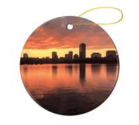 Boston Charles River City Skyline Sunset Christmas Tree Ornaments Round Shape Ceramic Xmas Tree 4 Pcs Hanging Pendants 2024 Christmas Tree Decorations for Xmas Family Party Holiday Decorative