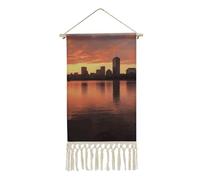 Boston Charles River City Skyline Sunset Cotton And Linen Hanging Poster with Tassel Long Vertical Wall Hanging Tapestry Wall Artwork Painting Decoration for Living Room Office Bedroom,10 X 19.6 Inch