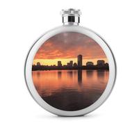 Boston Charles River City Skyline Sunset Hip Flask Stainless Steel Round Flagon Portable Leak-Proof Whiskey Flask, Classic Circular Design Alcohol Flask for Men Women, Travel Camping Outdoor Party Gif