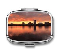 Boston Charles River City Skyline Sunset Pill Organizer 2 Compartments Small Pill Box for Pocket Purse Portable Travel Pill Case Metal Medicine Organizer Daily Pill Container for Vitamin Fish Oil Supp