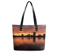 Boston Charles River City Skyline Sunset Tote Bag for Women Large Soft Shoulder Bag with Zipper Leather Handbag Purse Stylish Cute Hobo Bags