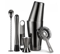 Boston Cocktail Shaker Set 6-Piece Stainless Steel Bartender Kit | Bar Set - 18/28oz (530/828ml) Weighted Shaker Tins, Jigger, Strainer, Spoon, Muddler & Opener, Ideal for Bars & Home, Black