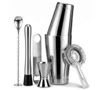 Boston Cocktail Shaker Set 6-Piece Stainless Steel Bartender Kit | Bar Set - 18/28oz (530/828ml) Weighted Shaker Tins, Jigger, Strainer, Spoon, Muddler & Opener, Ideal for Bars & Home, Silver