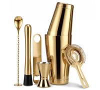 Boston Cocktail Shaker Set 6-Piece Stainless Steel Bartender Kit | Bar Set - 18/28oz (530/828ml) Weighted Shaker Tins, Jigger, Strainer, Spoon, Muddler & Opener, Ideal for Bars & Home, Glod