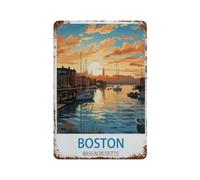 Boston Massachusetts Vintage Travel Poster,Tin Sign Vintage Metal Signs Iron Painting Retro Metal Tin Sign Plaque Poster Garden Wall Art Plaque for House Bathroom Kitchen Cafe (30x40cm)12x16 inch-E22