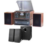 Boston Set XP1 Retro Music Centre 5-Speaker System, Compatible with Steepletone Boston XP, USB RECORDING, Record Player, TWIN Cassette, Radio, CD Player, Bluetooth, Sub-Woofer Set, Wood Effect/Black