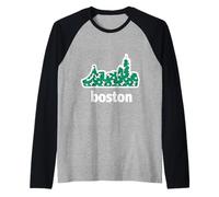 Boston Skyline Filled with Cute Boston Terrier Pattern Raglan Baseball Tee