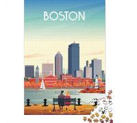Boston Skyline with Couple 1000 Piece Jigsaw Puzzle, Urban Skyscraper View, Premium Paper Puzzle, Weekend Hobby for Families, Paper Board, 52x38cm/1000pcs