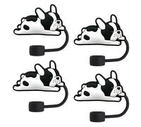 Boston Terrier 4-Piece Silicone Tumbler Straw Toppers for 0.4 Inch/10 Mm Straw Tips, Compatible with Stanley 30 & 40 Oz Tumbler