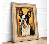 Boston Terrier Art Deco Framed Wall Art Print A1 (84.1×59.4cm) Oak, Wall Decor for Living Room, Bedroom, Office & Home, Ready to Hang, Art Gift