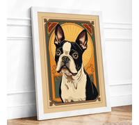 Boston Terrier Art Deco Framed Wall Art Print A1 (84.1×59.4cm) White, Wall Decor for Living Room, Bedroom, Office & Home, Ready to Hang, Art Gift