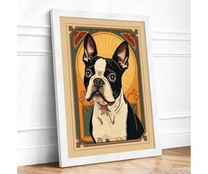 Boston Terrier Art Deco Framed Wall Art Print A3 (42×29.7cm) White, Wall Decor for Living Room, Bedroom, Office & Home, Ready to Hang, Art Gift