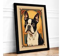 Boston Terrier Art Deco Framed Wall Art Print A4 (29.7×21cm) Black, Wall Decor for Living Room, Bedroom, Office & Home, Ready to Hang, Art Gift