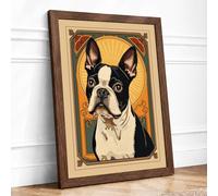 Boston Terrier Art Deco Framed Wall Art Print A4 (29.7×21cm) Walnut, Wall Decor for Living Room, Bedroom, Office & Home, Ready to Hang, Art Gift