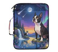 Boston Terrier Aurora Night Art Expanding File Organizer Laege Capacity 3 Ringing 1.5 inch Binder with Extra Pockets with Zipper Closure for Document Storage