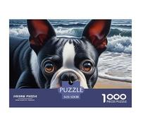 Boston Terrier Beach 1000 Piece Recycled Paper Puzzle Game - Boston Terrier Beach Sunset The Whole Family Activity for Home Wall Decoration52x38cm/1000pcs