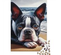 Boston Terrier Beach1000 Piece Cardboard Jigsaw Puzzle Multi Pack Adult Couple Partners Challenging Puzzle Stress Relief Home Decoration 52x38cm/1000pcs