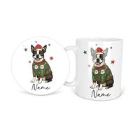 Boston Terrier Christmas Dog Lover Dogs Gift Name Personalised Personalized Ceramic Coffee Mug 11oz Durham Tea Mug Gift Set Round Square Coaster Cup Handle Dishwasher Safe Custom Printed Design