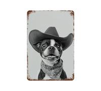 Boston Terrier Cowgirl Hat Print, Western Art, Black And White PrintWall Decor Art Metal Tin Poster Modern Bar Decorations30x20cm