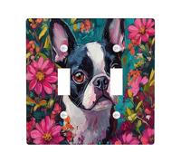 Boston Terrier Dog Decorative Light Switch Cover Wall Plate 2 Gang Double Toggle, Oil Painting Peach Flower Electrical Faceplate for Kitchen Bathroom, Pet Switchcover Decor