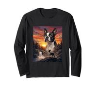 Boston Terrier Dog Lover Vintage Sunset Forest Nature Art Long Sleeve T-Shirt