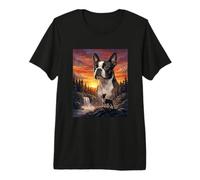 Boston Terrier Dog Lover Vintage Sunset Forest Nature Art Premium T-Shirt