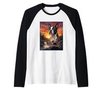 Boston Terrier Dog Lover Vintage Sunset Forest Nature Art Raglan Baseball Tee