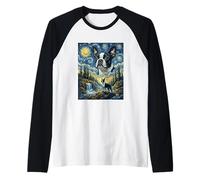 Boston Terrier Dog Moon Howling Starry Night Van Gogh Style Raglan Baseball Tee