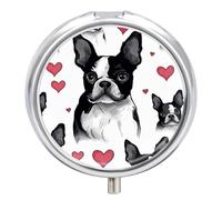 Boston Terrier Dog Travel Pill Box Case 3 Compartment Cute Pill Organizer Metal Pill Holder with Mirror Small Medicine Organizer Daily Pill Container for Purse Pocket Portable Meds Box