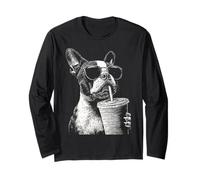 Boston Terrier Drinking Iced Coffee Funny Bostie Dog Meme Long Sleeve T-Shirt