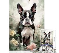Boston Terrier Flowers Puzzles for Adults 1000 Puzzles Great Gifts for Games Precision Cutting DIY Toys for And from 14 Years And over (38x26cm)