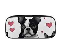 Boston Terrier Heart Dog Pencil Case Waterproof Leather Pencil Pouch Multi-purpose Aesthetic Makeup Bag Cute Pen Bag Large Cosmetic Bag for Office Stationery, Travel