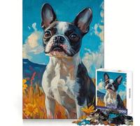 Boston Terrier in A Floral Landscape Jigsaw Puzzles for Adults1000 Piece Mind Challenge Restful Activity Seamless Fit Festive Present (38X26CM)