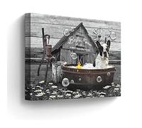 Boston Terrier in Bathtub Wall Art Funny Dog Pictures Wall Decor Farmhouse Bathroom Decor Painting for Bathroom Prints Black and White Artwork Framed 12"x16"