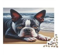Boston Terrier Jigsaw Puzzle 1000Pc Recycled Paper Adults Beach Puzzle Difficult Challenge Family Educational Game Gifts for Men 52x38cm/1000pcs