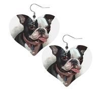 Boston Terrier Leather Earrings for Women Heart Dangle Earrings Lightweight Drop Earring Jewelry Gift