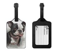 Boston Terrier Luggage Tag Suitcase Marker Travel Baggage Identifier with Boarding Card Holder Sturdy PU Travel Label for Suitcases and Work Bags