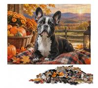 Boston Terrier On Plaid Blanket With Pumpkins Jigsaw Puzzle, 1000 Piece | For patient puzzlers who like detailed images: Adult jigsaw puzzle with 1000 pieces fits a regular jigsaw hobby.