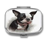 Boston Terrier Pill Box 2-Compartment Portable Pill Case Square Metal Medication Organizer Small Weekly Medication Case with Mirror Stylish Vitamin Holder for Purse Pocket Travel