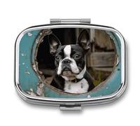 Boston Terrier Pill Box 2 Compartment - Small Metal Medicine Organizer Portable Pill Case for Purse Pocket Travel Vitamin Organizer for Men Women, BPA-Free